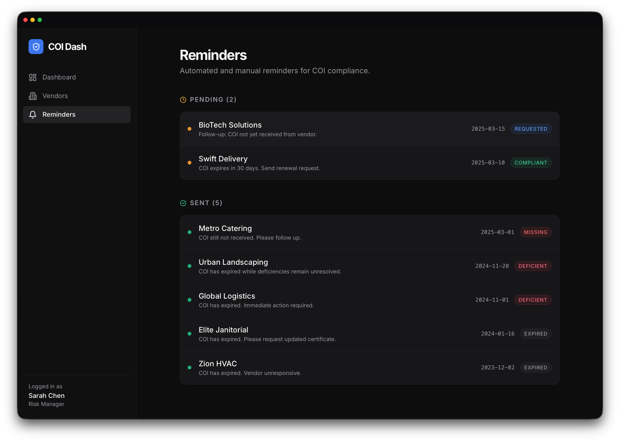 Reminders dashboard screenshot