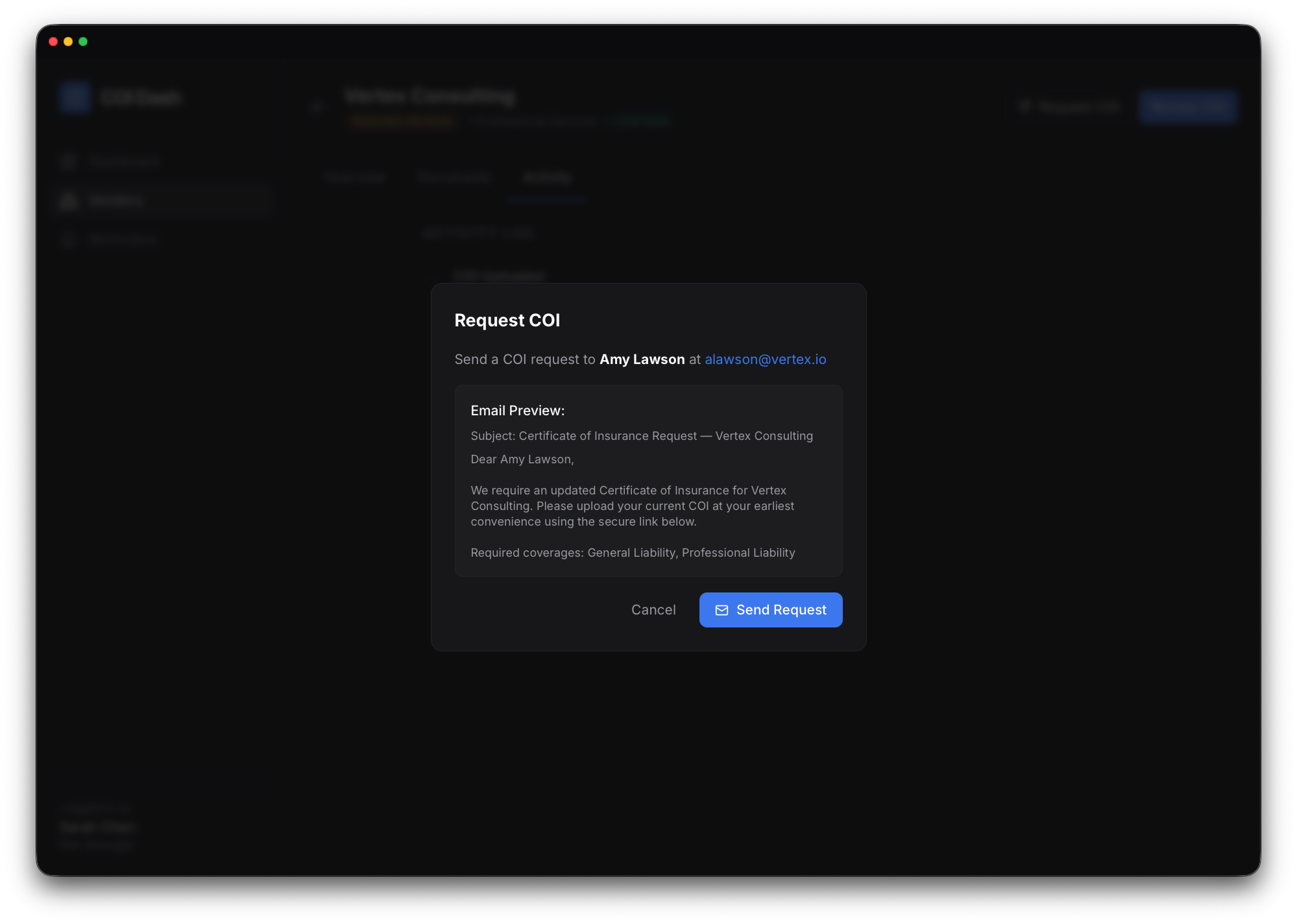 COI request screenshot