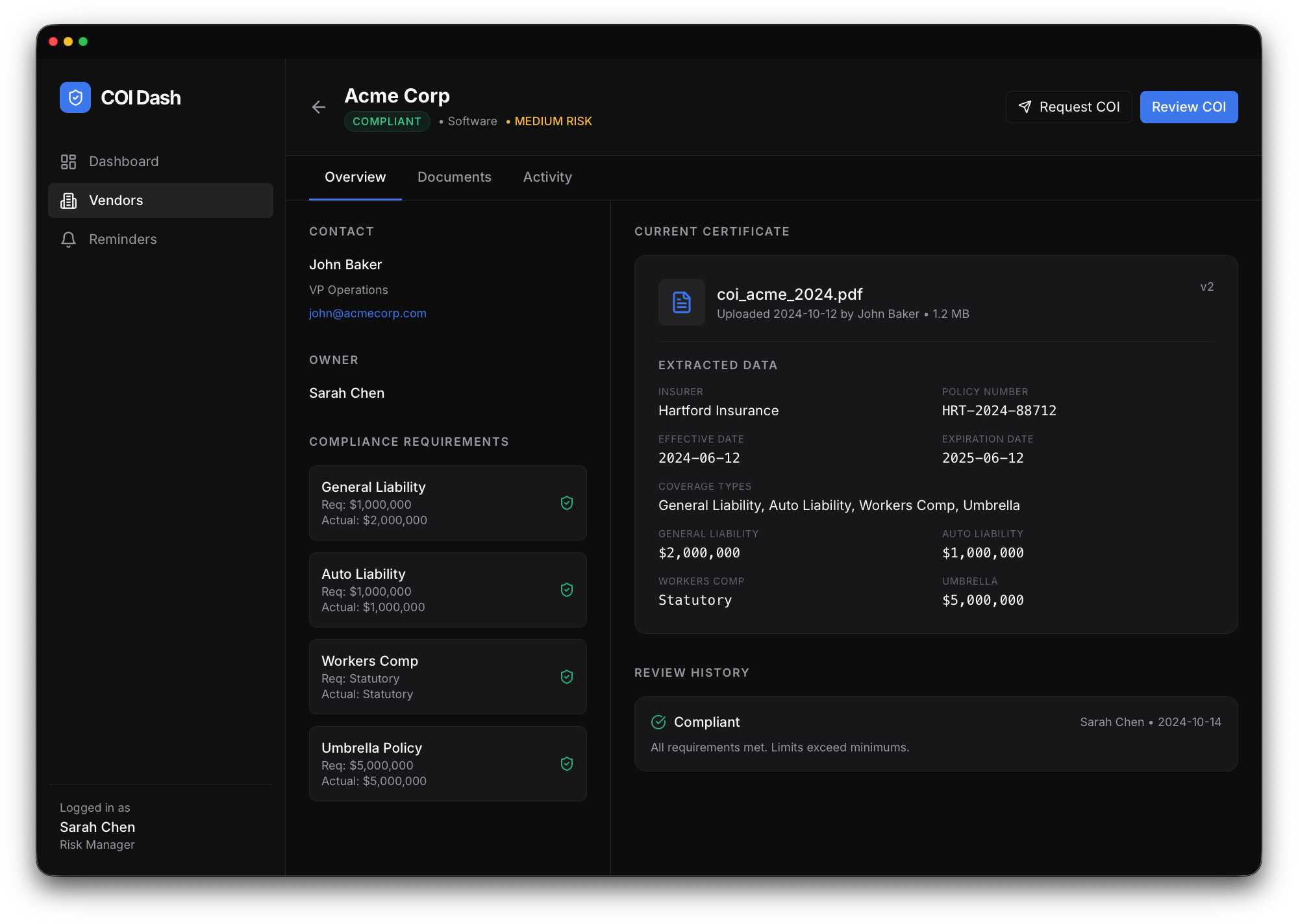 Vendor management screenshot